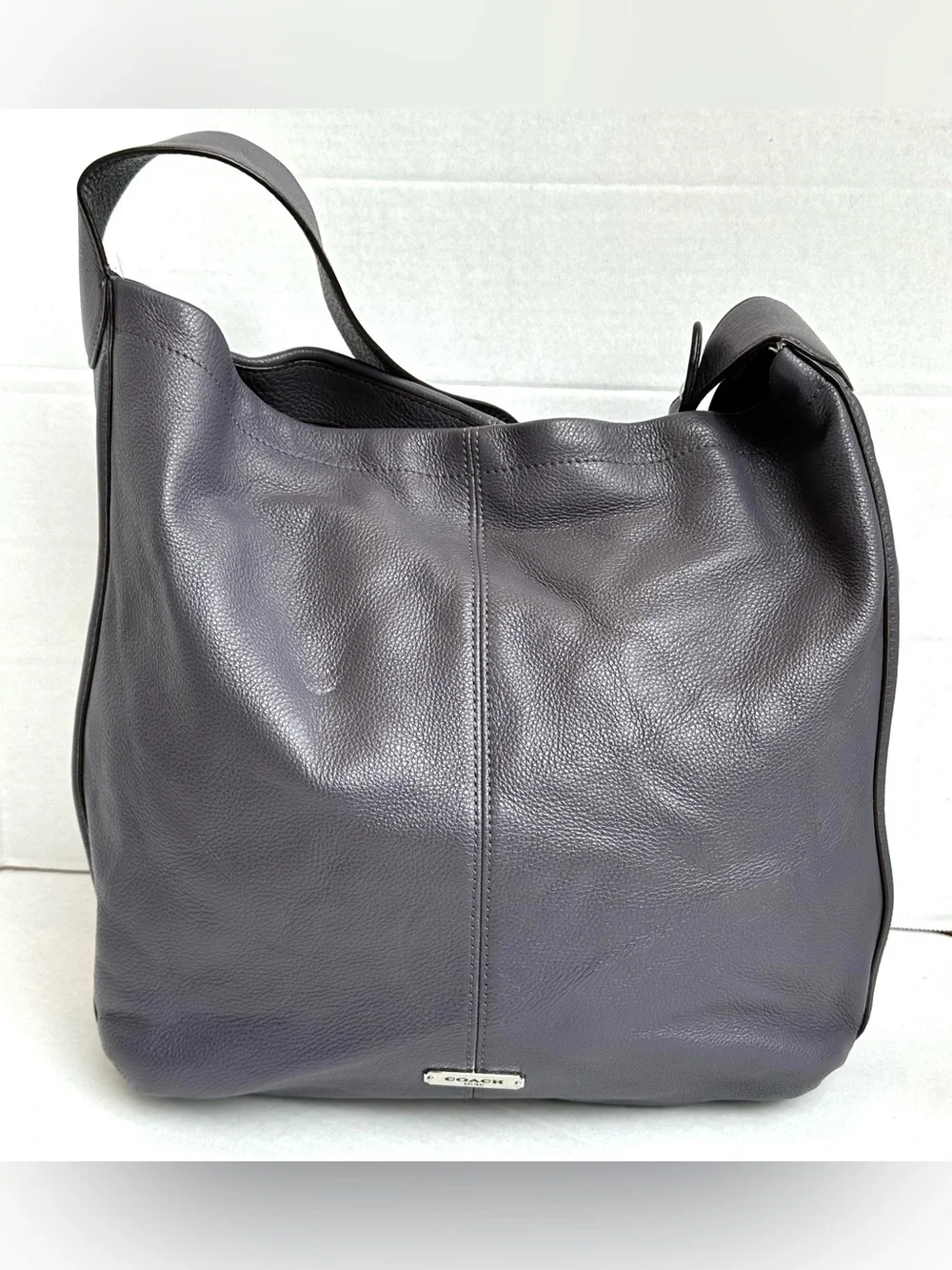 Coach Pebbled Soft Leather Deep Plum Purple Hobo Boho Tote Bag Purse Slouchy